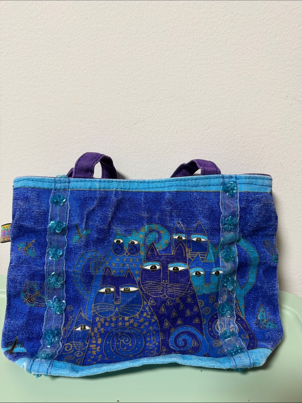 Laurel Burch Purple and Teal Cat Canvas Tote - Picture 2 of 3